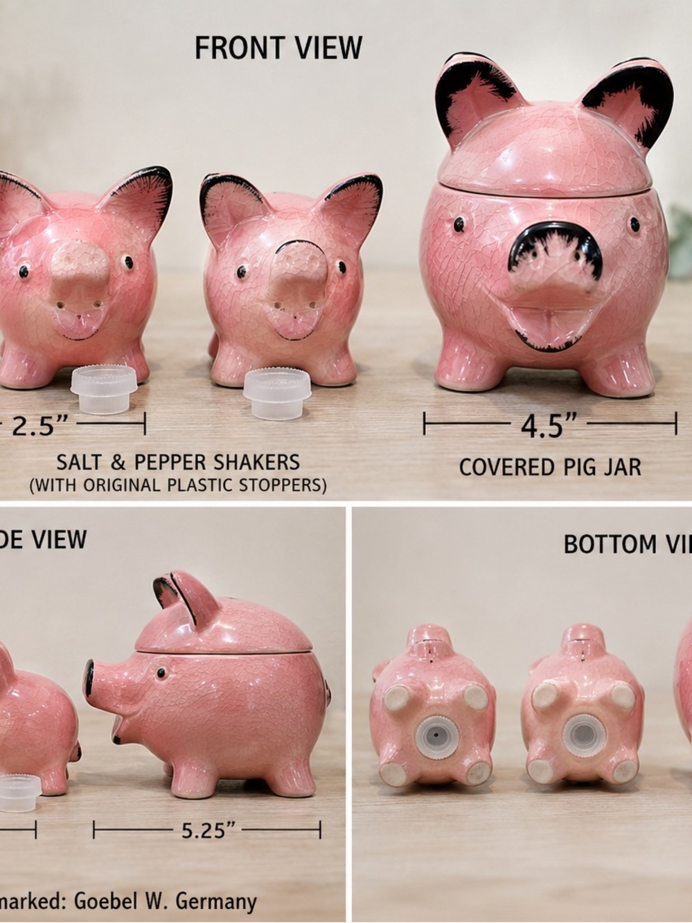 Goebel Pink Ceramic Pig Jar with Matching Salt & Pepper Shakers